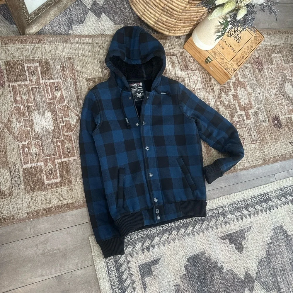 Vintage XDYE 90s Boys Blue Black Buffalo Plaid Hooded Zip Jacket Heavy Sz Small